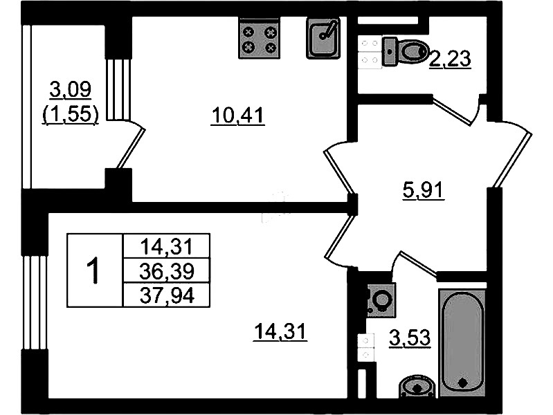 1-комнатная квартира 37.94 м², 3/4 эт., ЖК «Новая история»